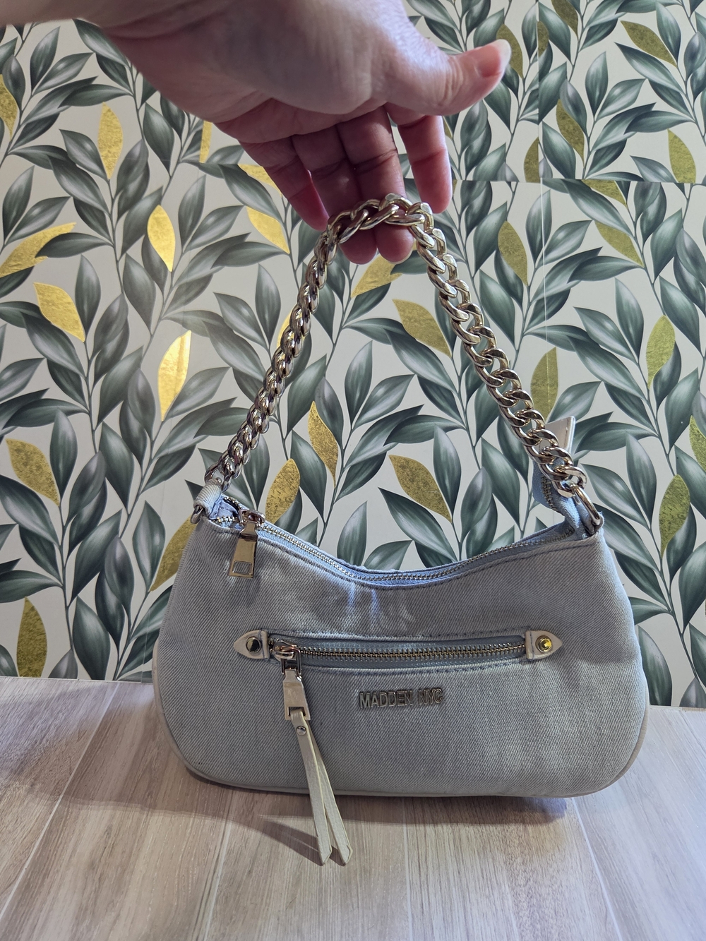 Madden NYC Light Wash Denim Baguette Shoulder Bag Chunky Gold Chain Handle
